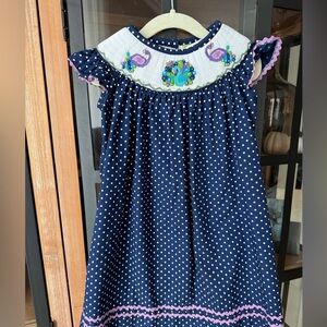 Stellybelly peacock smocked dress ruffles embroidered polka dots navy toddler